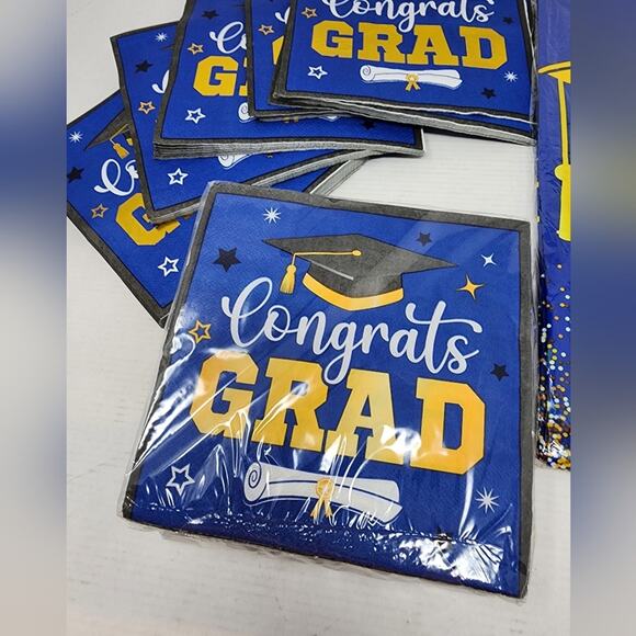 New Graduation Napkins & Large Platic Tablecloth 100 Napkins Blue Gold White - Picture 6 of 6